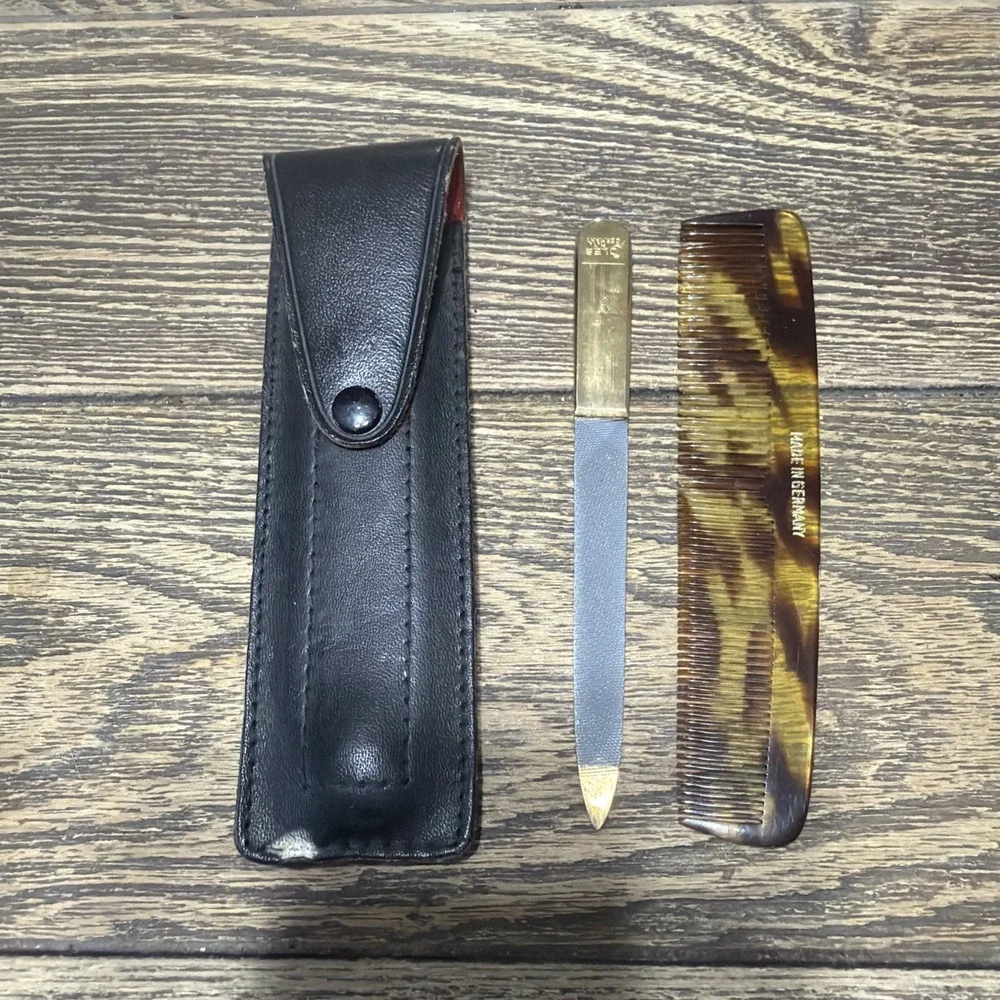 Vintage Coles Grooming Kit Nail File + Comb with Black Leather Case Made Germany